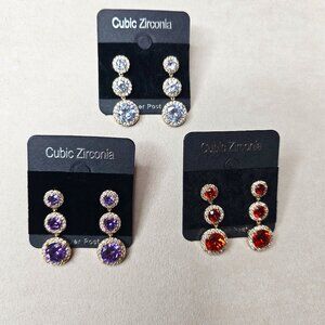 3 Pairs of Silver Post Cubic Zirconia CZ 3-Tier Dangle Earrings Bling